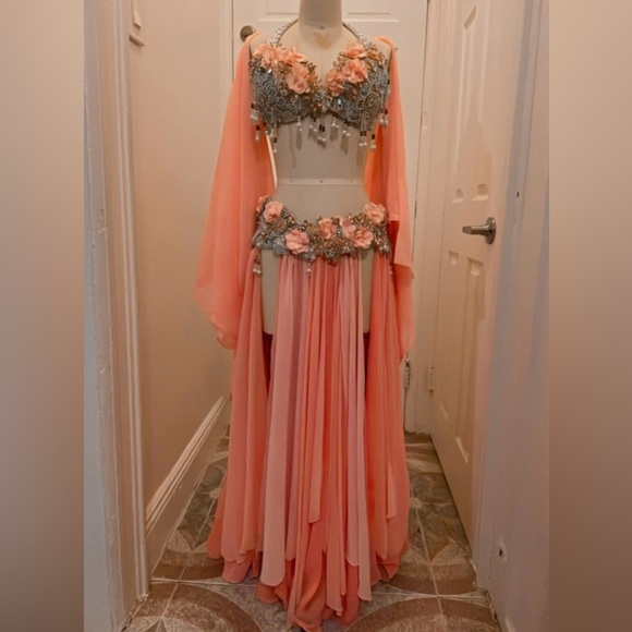 Peach 🍑 Silk Flowers Crystal Belly Dance Costume - Picture 8 of 10